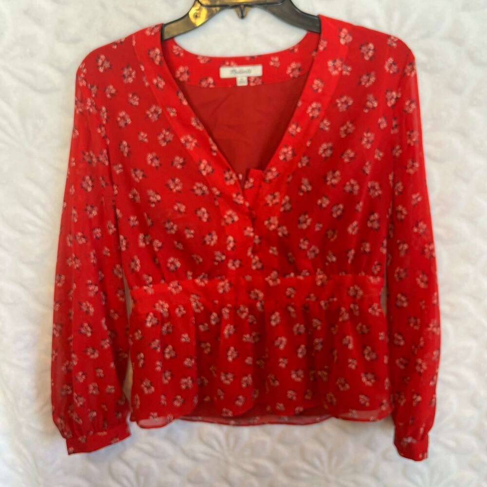 Madewell red floral blouse sheer with built in slip and peplum size small